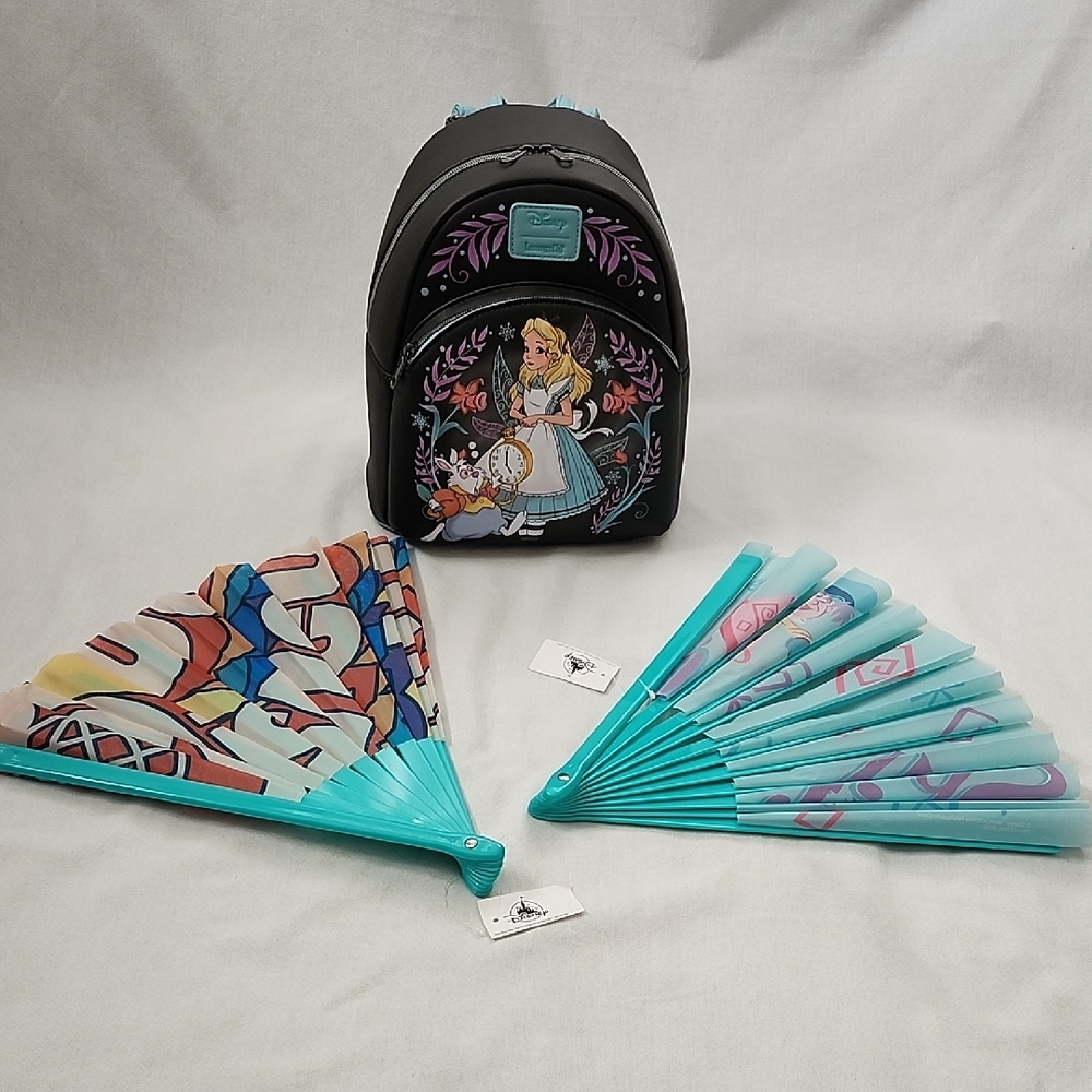 Disney Loungefly Alice In Wonderland Backpack with Coordinating Fans